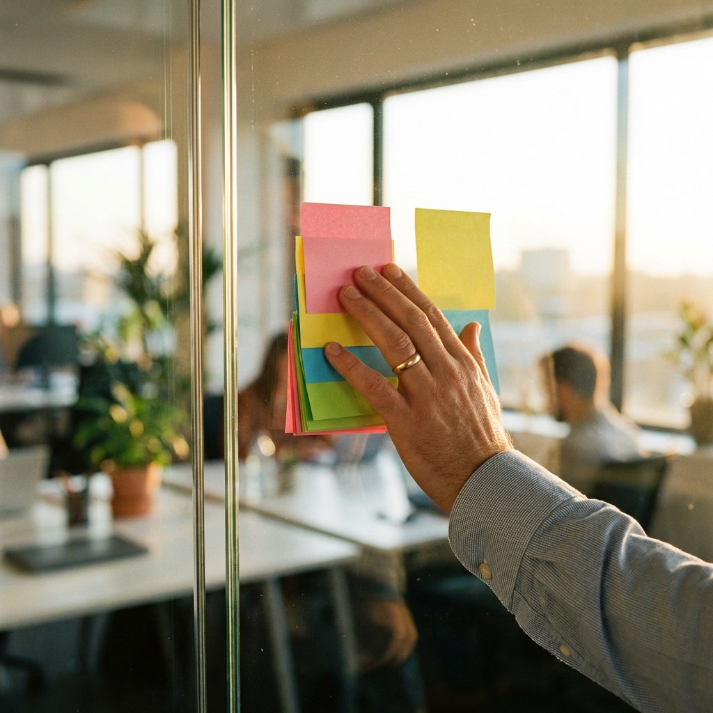 A hand placing colorful sticky notes on a glass wall for planning and prioritizing
