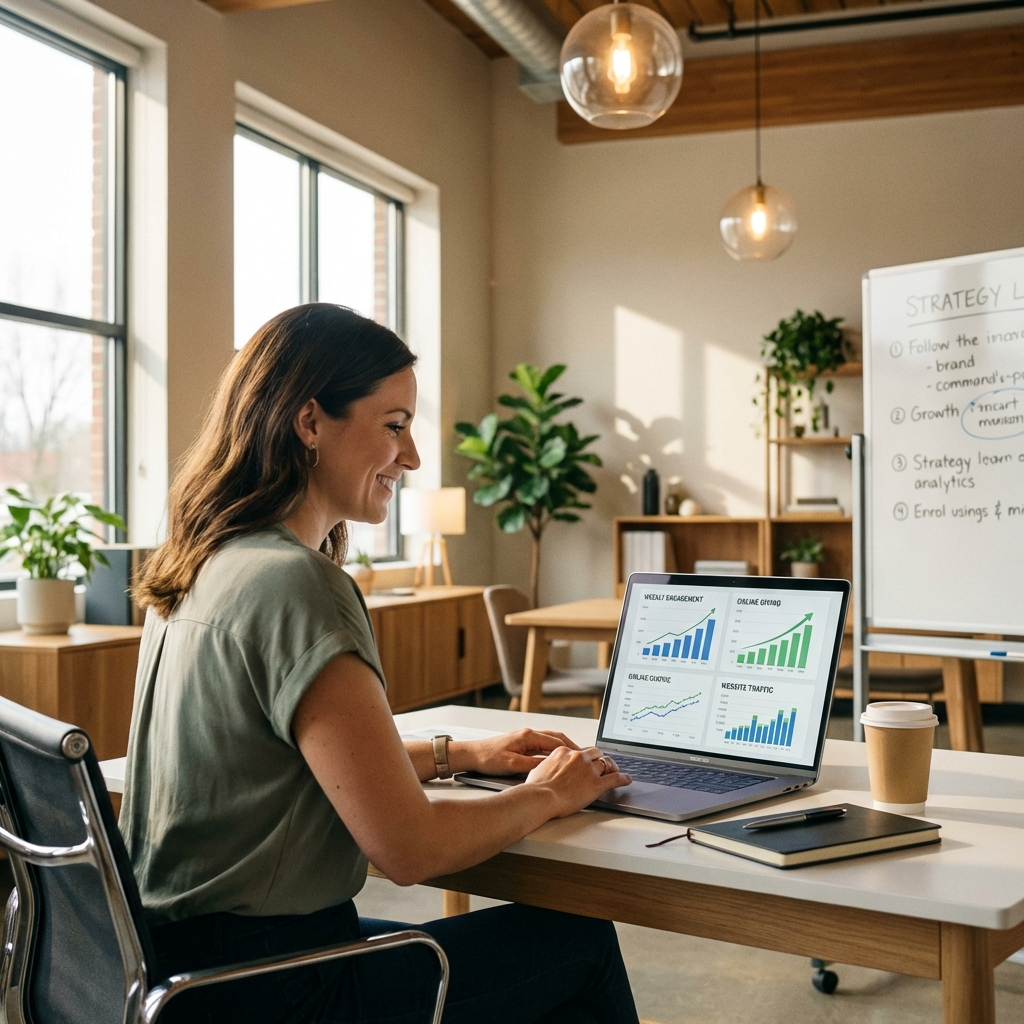 Church communications director reviewing digital analytics showing growth and success metrics on a laptop