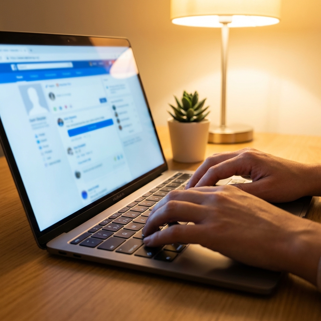 Hands typing on a laptop showing a social media feed in a warm desk setting