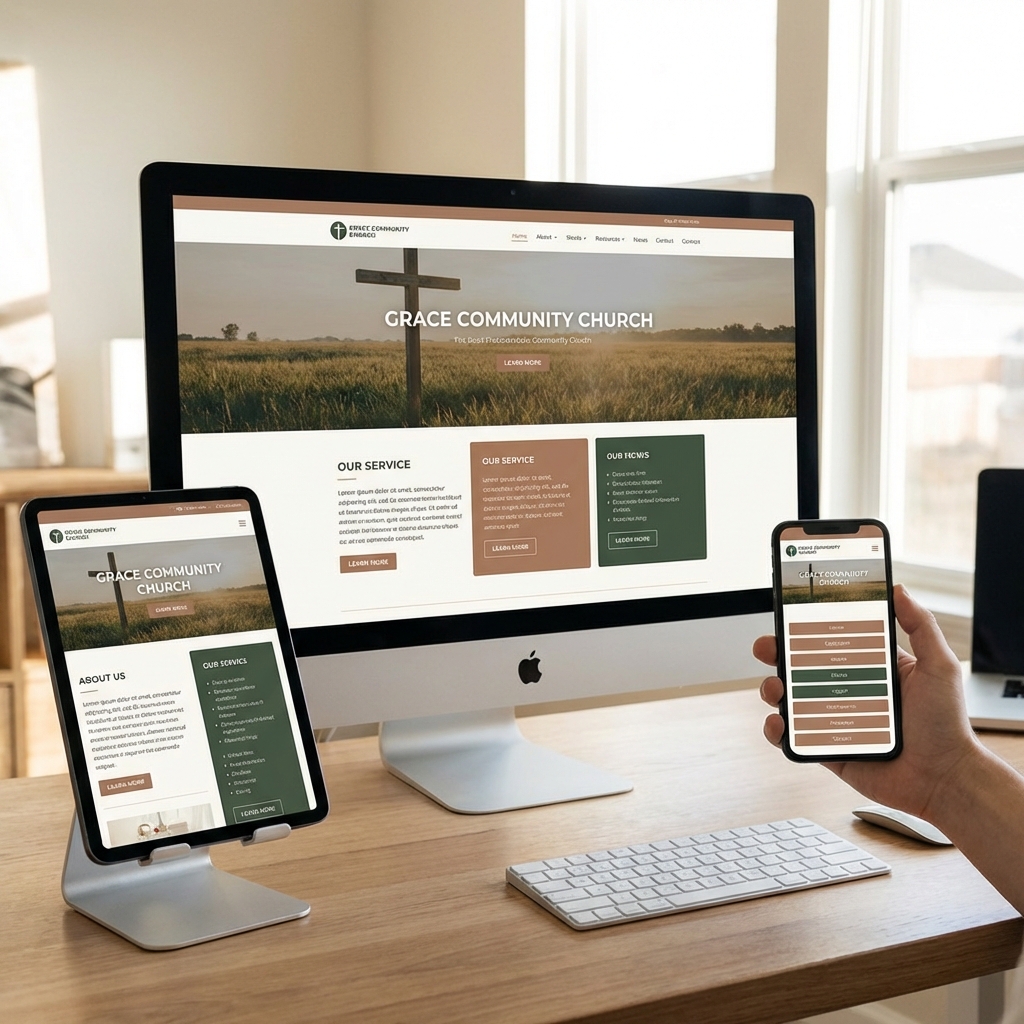 A church website displayed on a desktop, tablet, and smartphone showing responsive design across devices