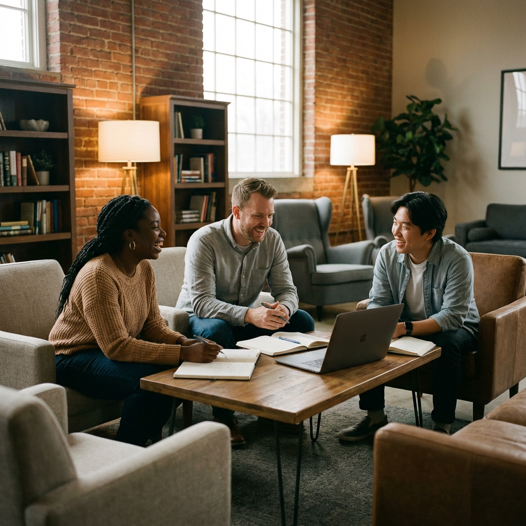 Church communications team brainstorming together around a table in a casual church lounge