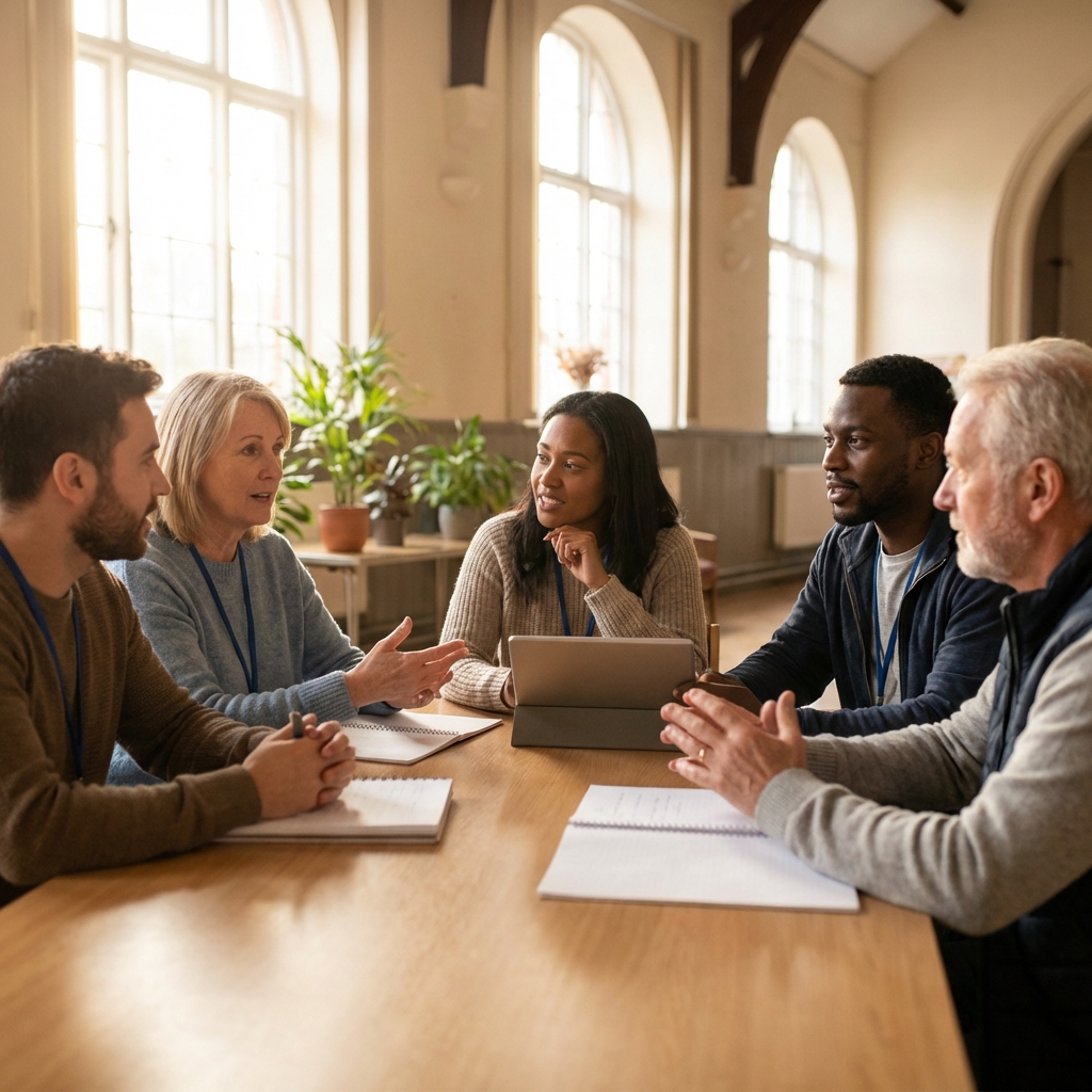 A diverse group of church volunteers collaborating around a table with notebooks and a tablet in a bright community room