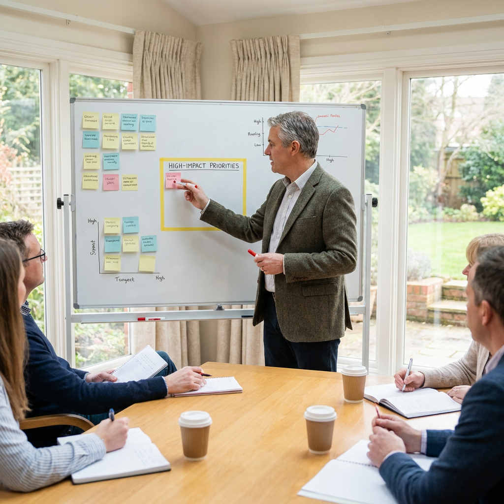 A ministry leader organizing priorities on a planning board with high-impact items highlighted