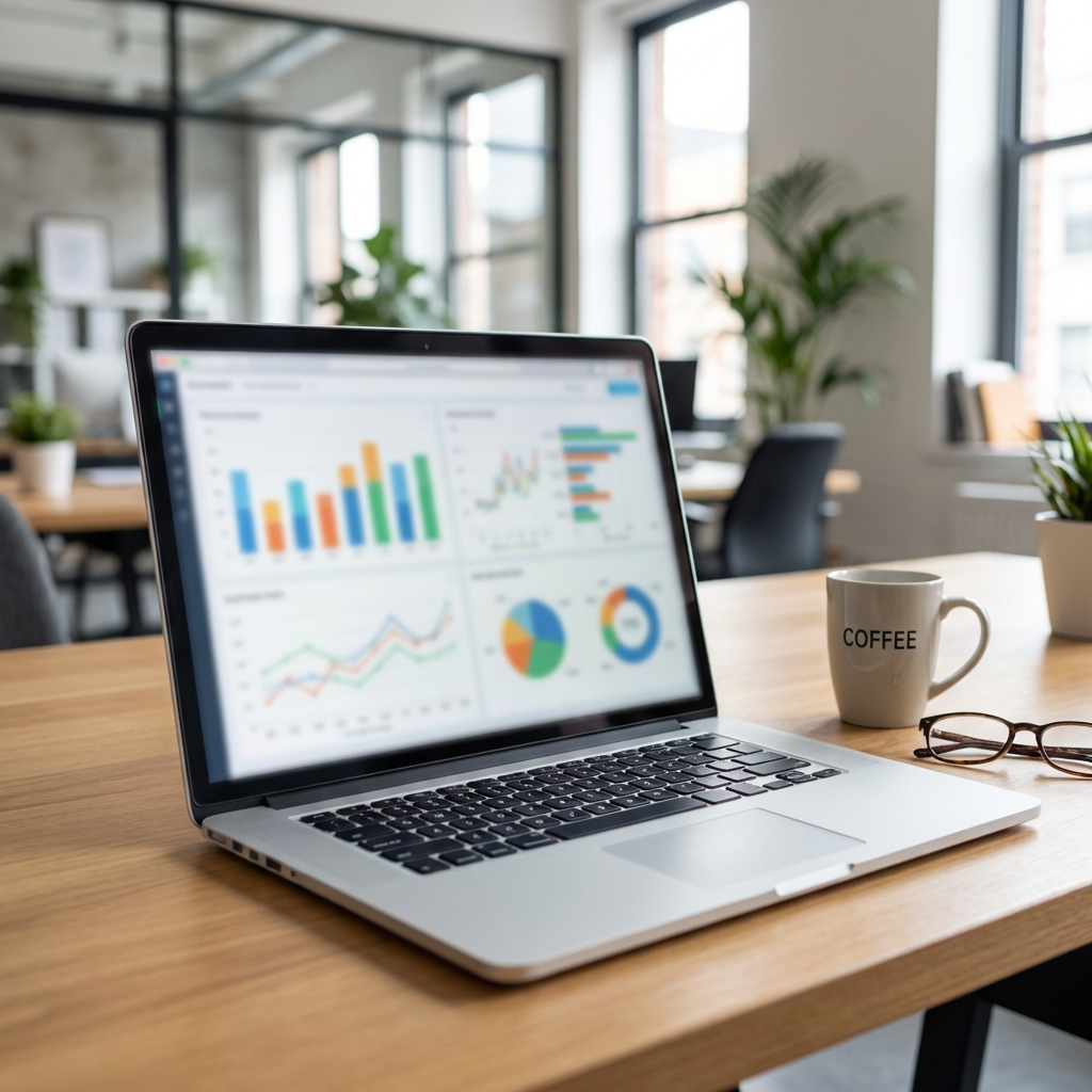 A laptop showing analytics charts and graphs on a desk with coffee and glasses