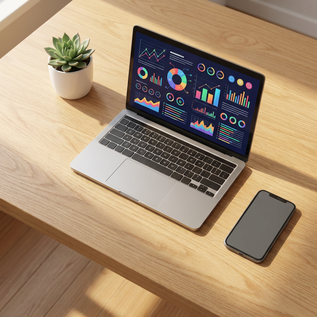 An overhead view of a clean desk workspace with a laptop showing a colorful analytics dashboard and a smartphone beside it