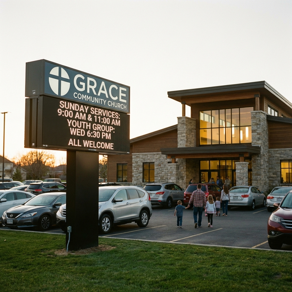 A modern American church exterior with a digital sign showing service times at golden hour