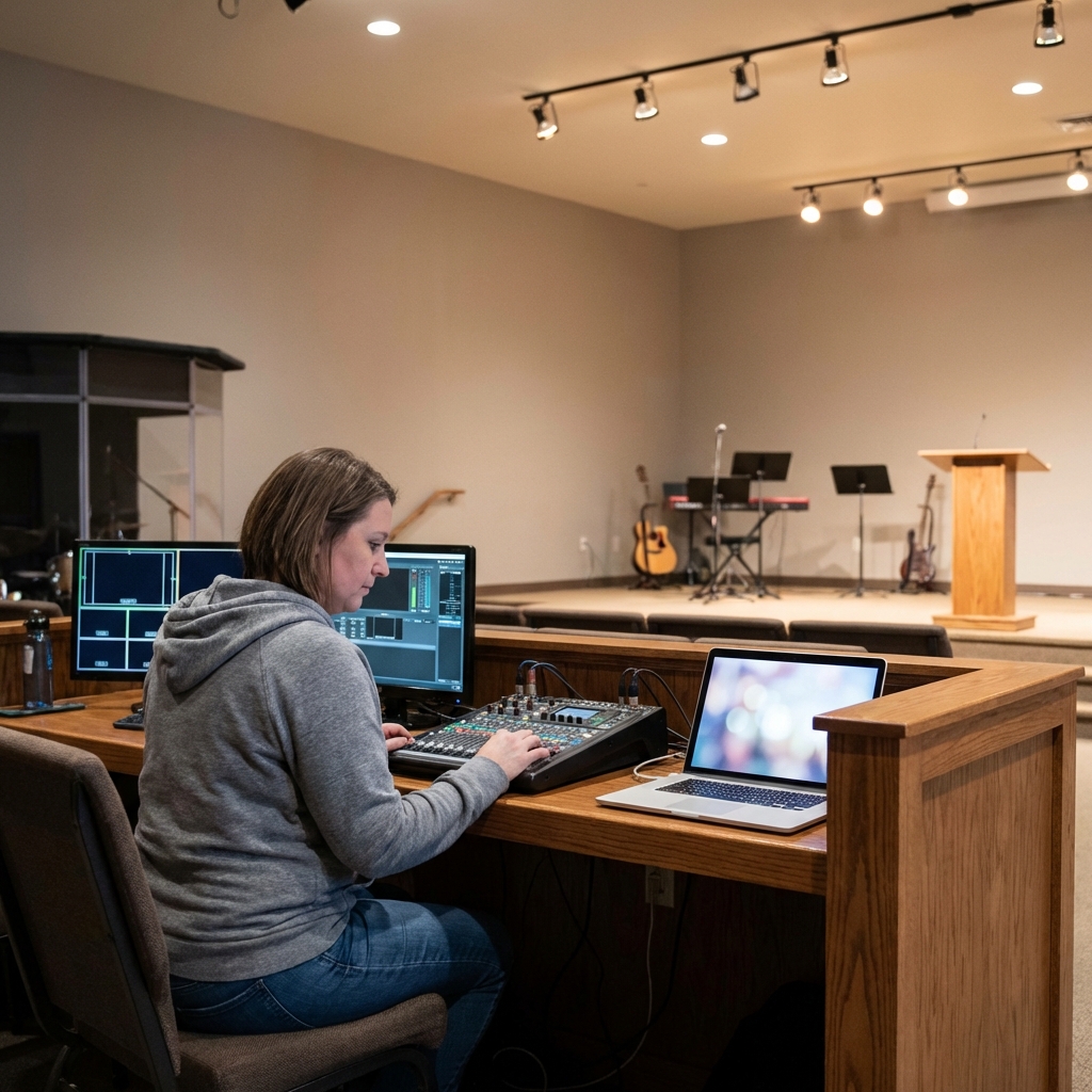 Church volunteer moderating a livestream on a laptop