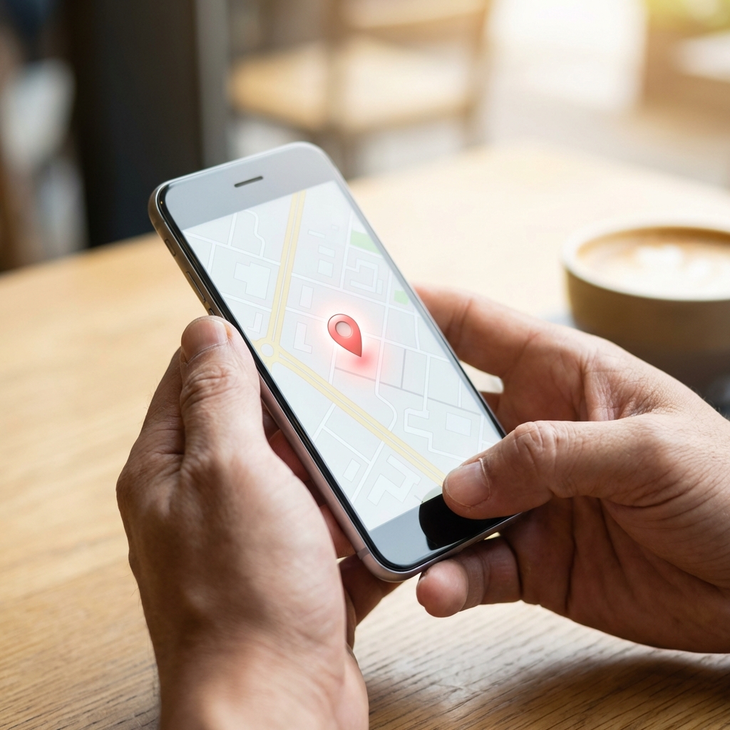 Person searching for a church on a phone with a map pin and local results