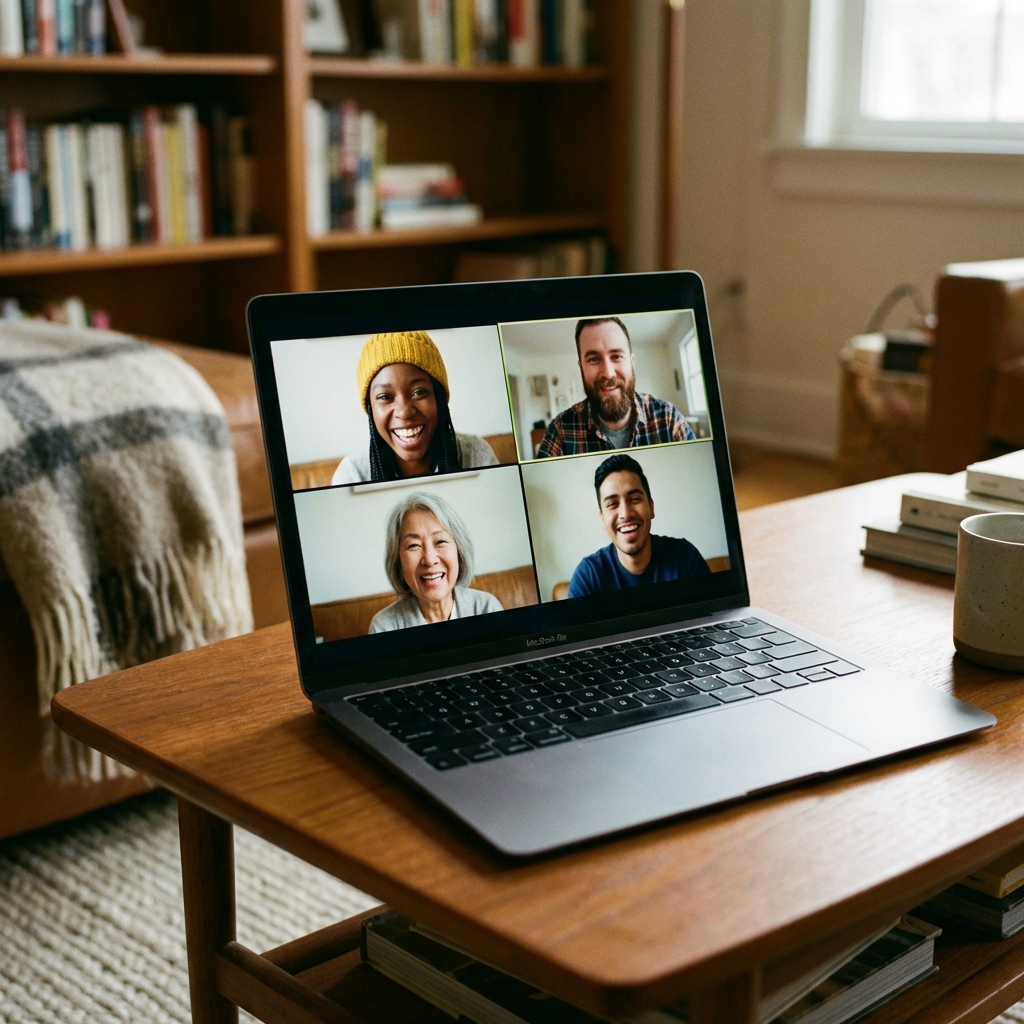 Small group video call with friendly faces and open conversation