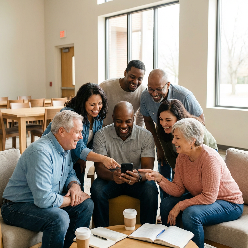 A diverse church small group gathered in a fellowship hall looking at a phone together and laughing