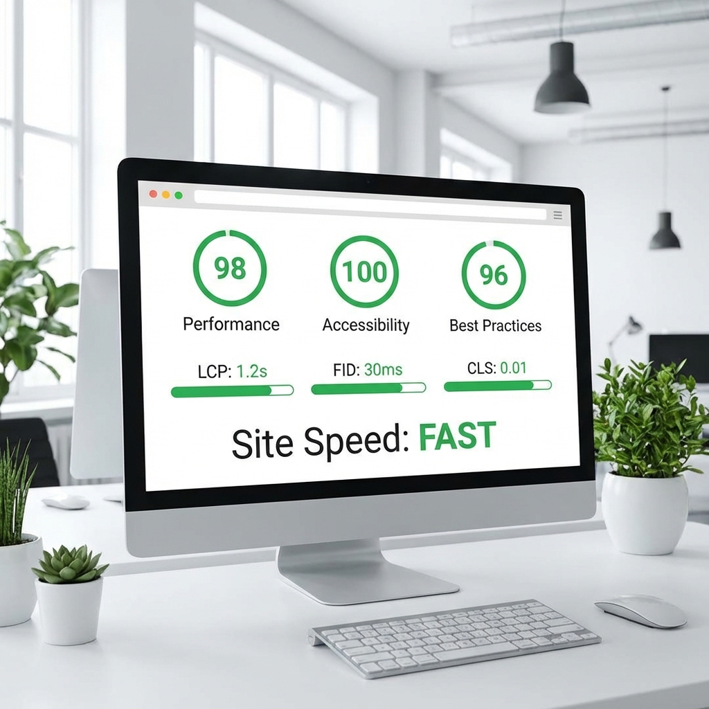 A website performance dashboard showing Lighthouse scores for Performance, Accessibility, and Best Practices