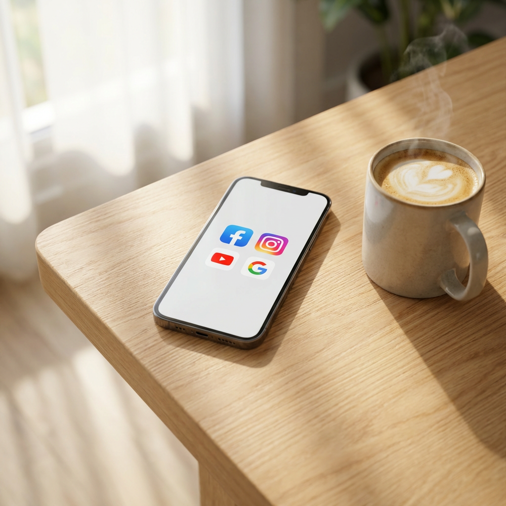 A smartphone showing Facebook, Instagram, YouTube, and Google app icons on a clean desk with coffee