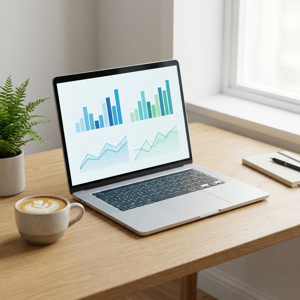 A laptop showing colorful analytics charts on a clean desk with a plant and natural window light