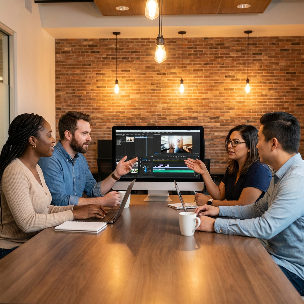 A diverse church media team collaborating around a table with video editing software on a large monitor