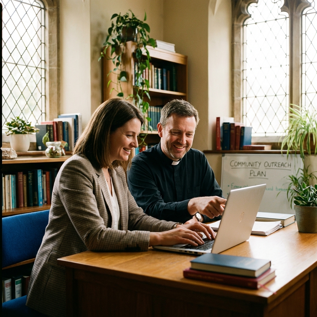 A marketing consultant and church pastor collaborating together over a laptop in a warm church office