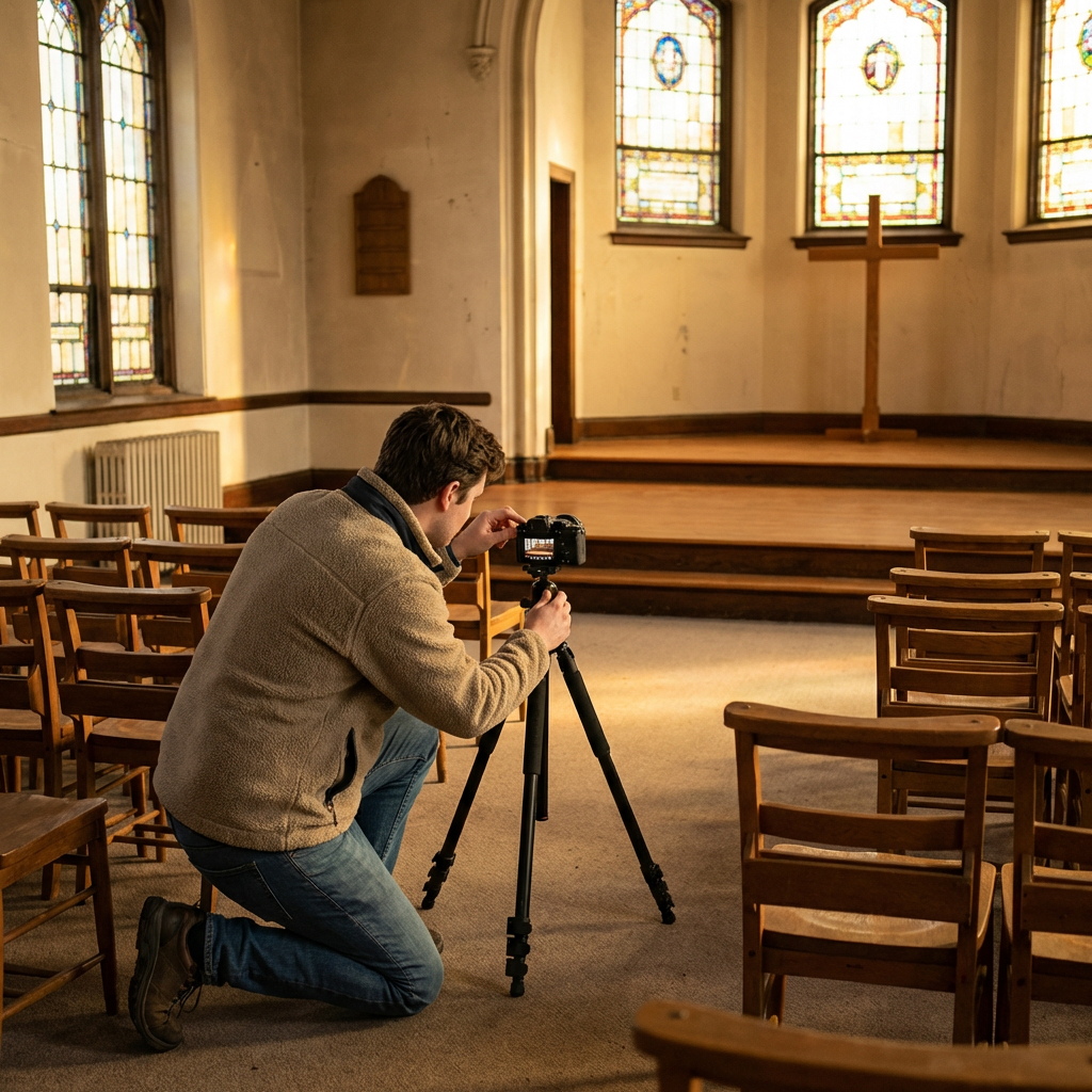 Volunteer setting up a camera in a church sanctuary for content creation