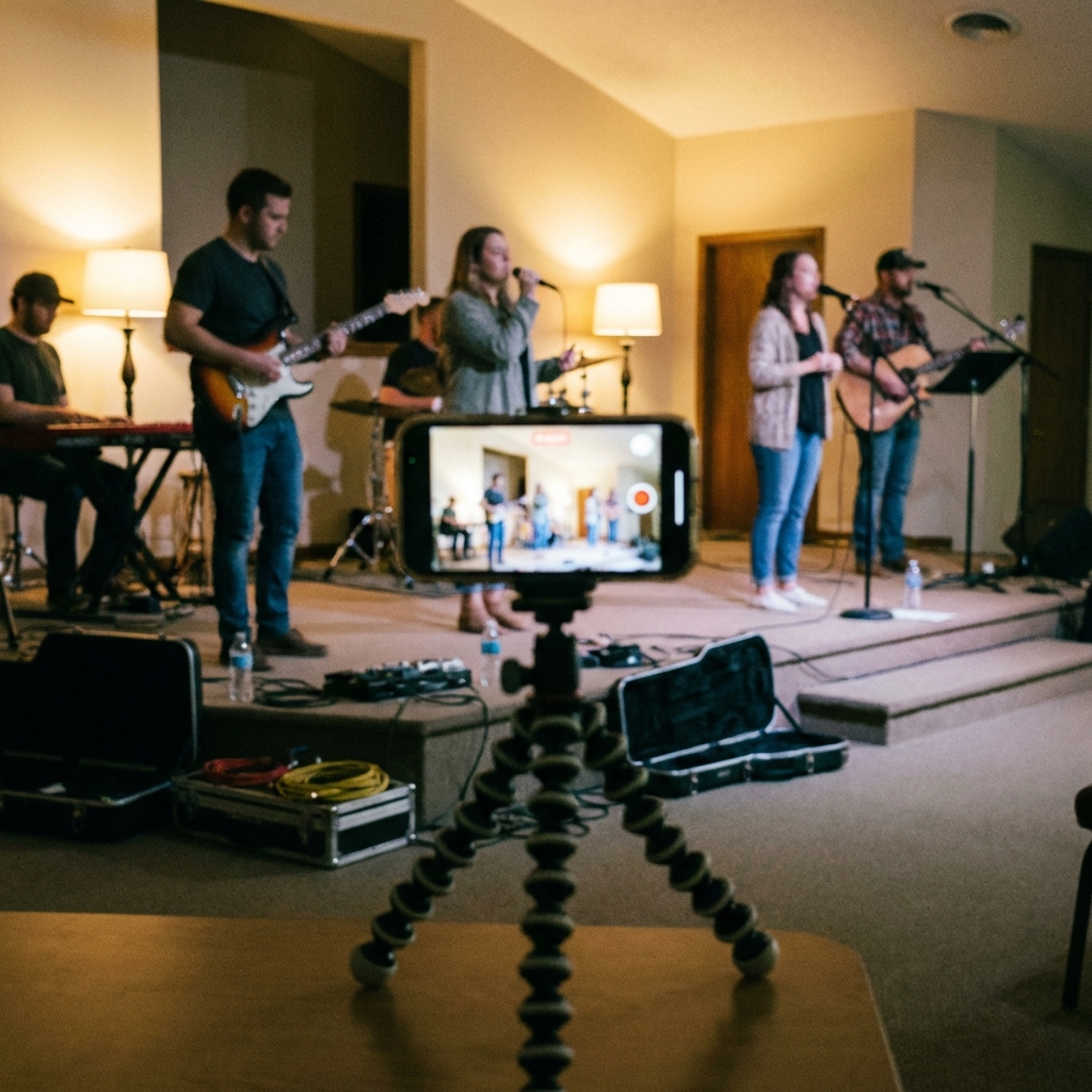 A church media team member filming a short video clip in a modern church lobby with warm lighting
