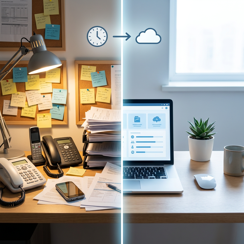 Before and after comparison of chaotic manual workflows versus streamlined digital operations