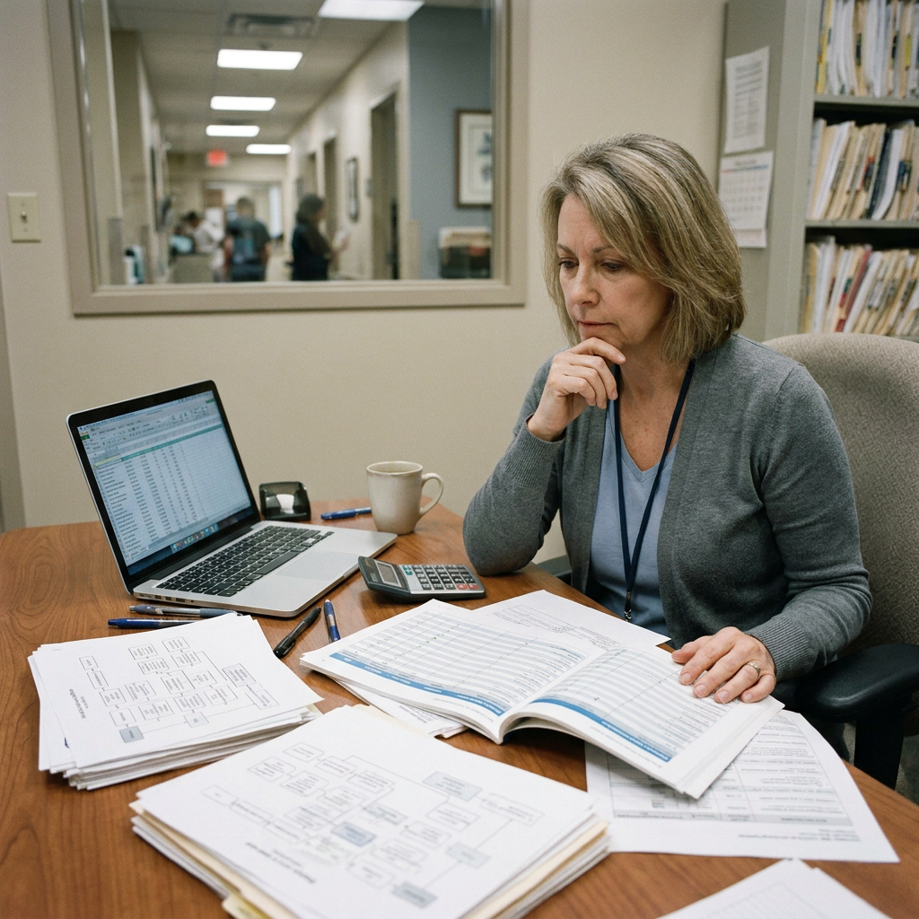 Clinic operator analyzing software costs and workflow complexity at a workstation