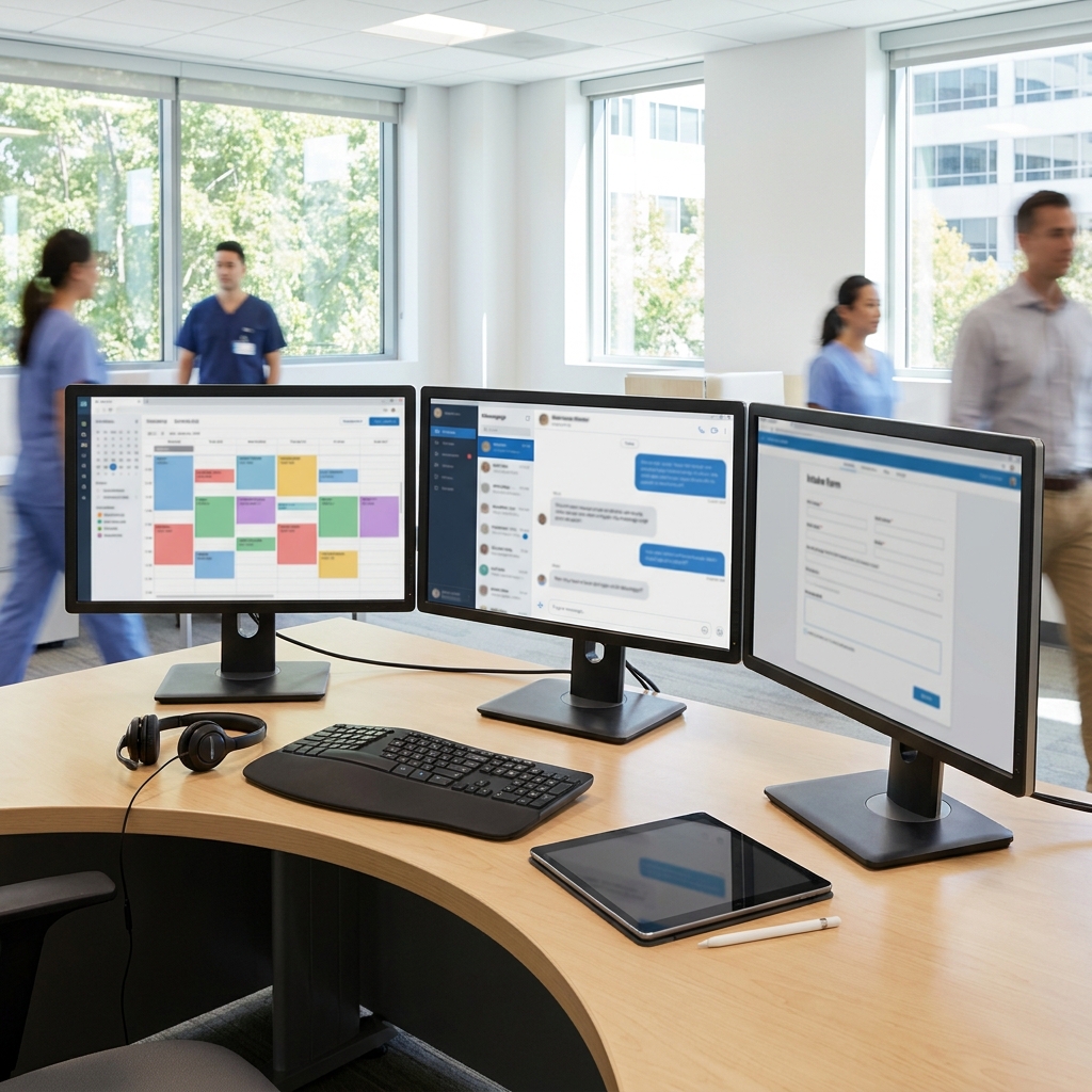 A realistic TRT clinic operations workspace with intake folders, appointment cards, color-coded workflow boards, and a staff coordinator organizing patient follow-up in a clean modern medical office, natural light, no computer screens, no readable text, no logos