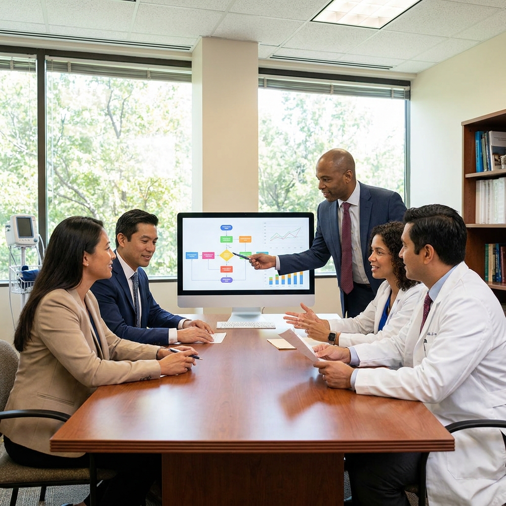 A diverse American clinic leadership team in a modern medical office discussing patient flow using printed charts and neutral wall graphics, realistic healthcare setting, natural expressions, no computer screens, no readable text, no logos