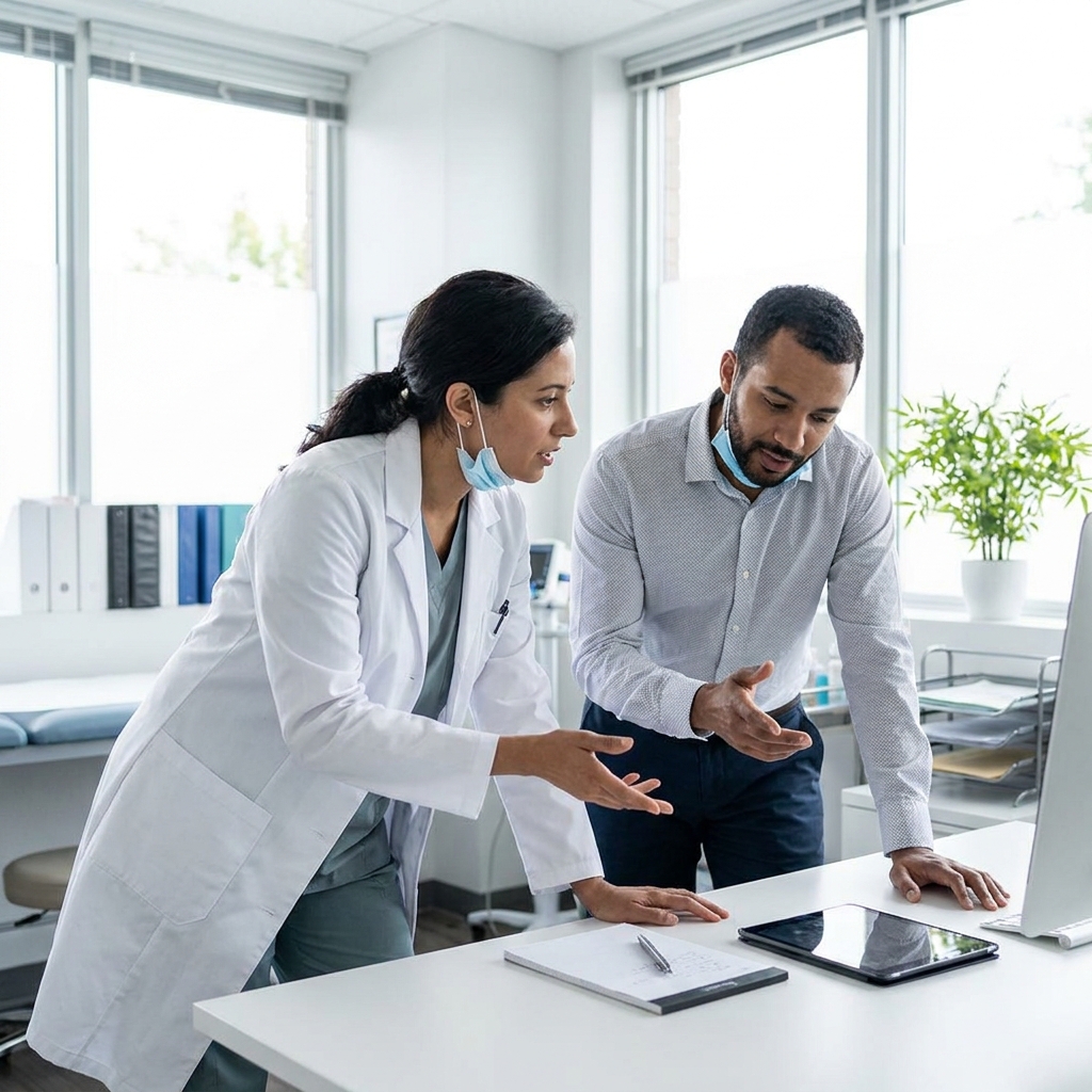 Doctor and patient care coordinator reviewing refill follow-up steps together in a clean clinical workspace, realistic healthcare setting, no visible text