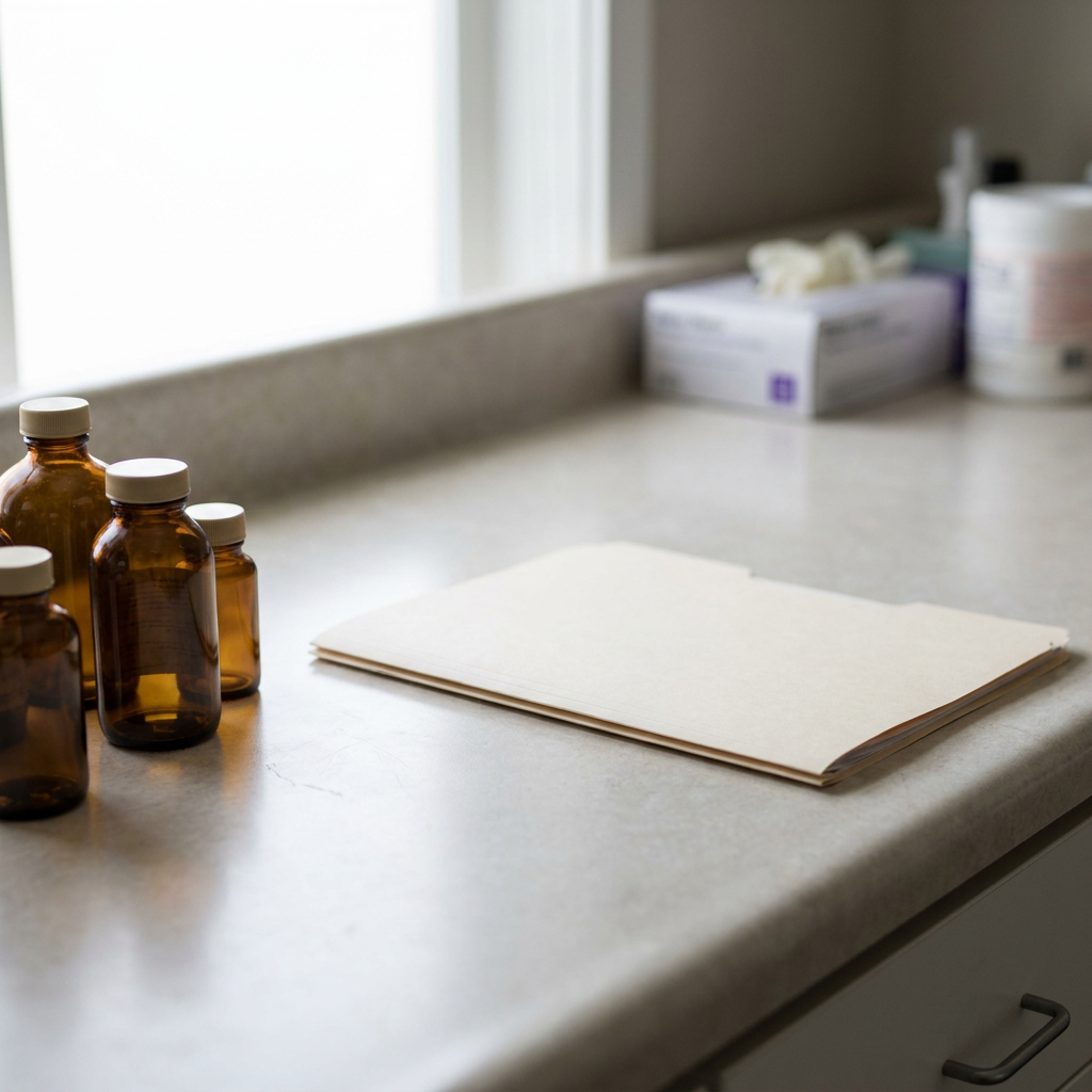 Medication bottles and a closed prescription file folder on a clean clinic counter, realistic healthcare setting, no papers, no screens, no visible text