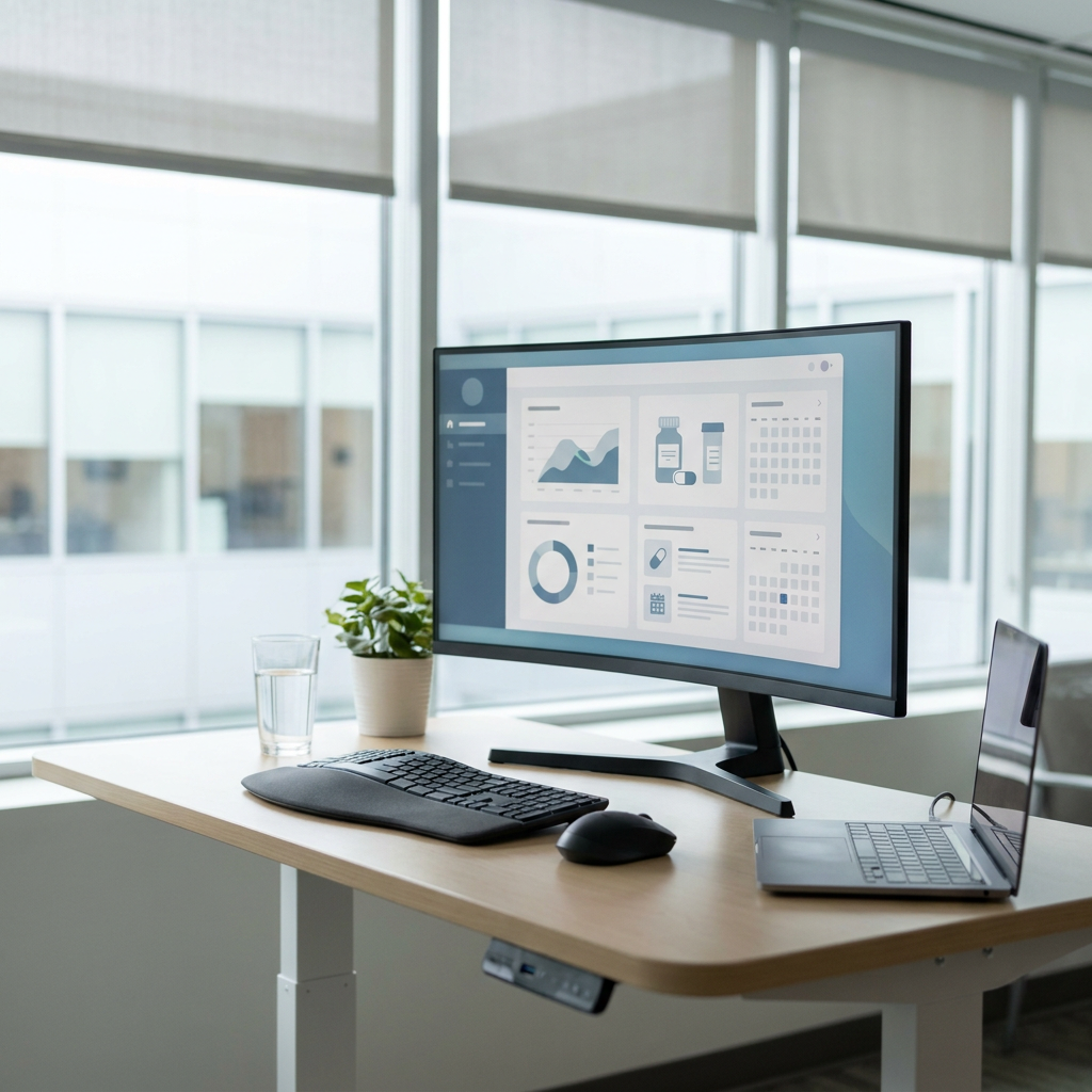 A clean modern telemedicine operations desk with a medication renewal dashboard on screen, no readable text, realistic clinical office lighting, organized workspace