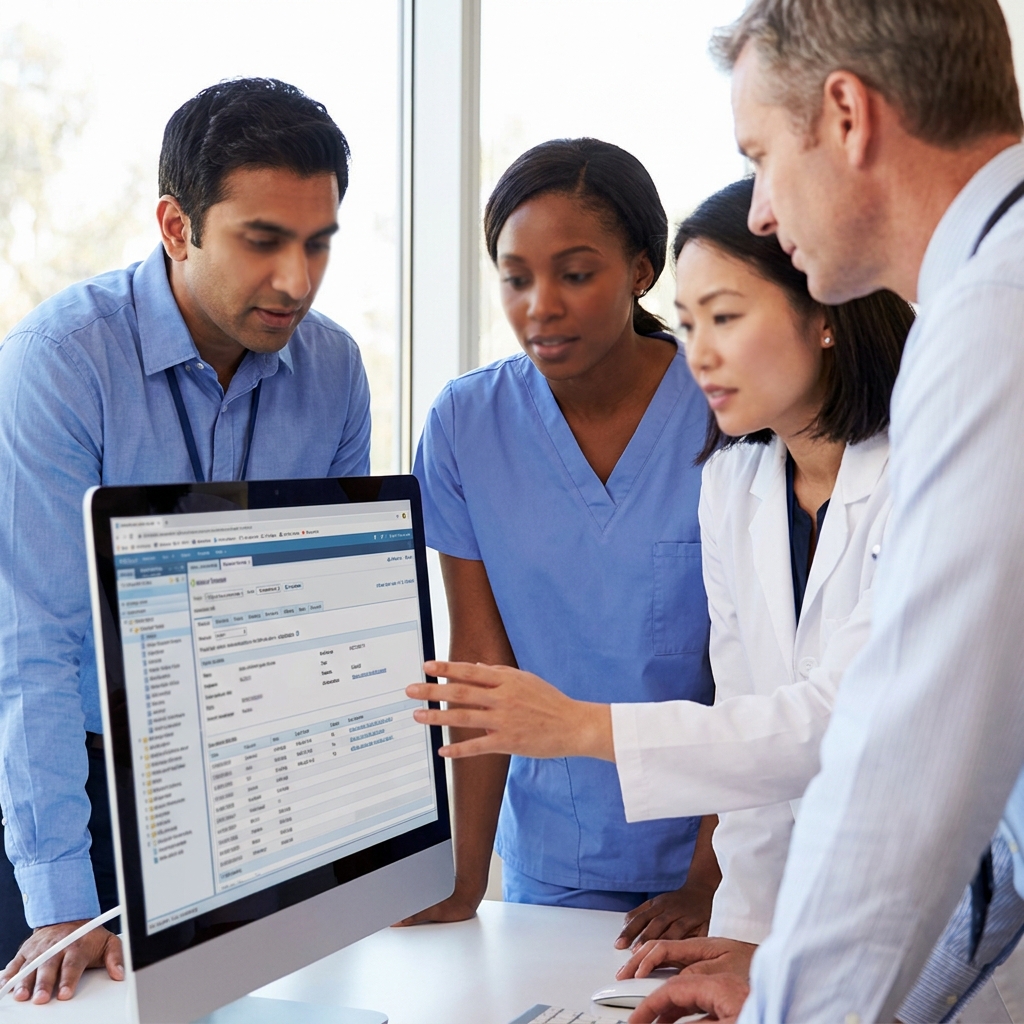 A realistic TRT clinic team reviewing a secure digital workflow together, diverse American professionals in a bright medical office, no readable text on screens, collaborative but calm