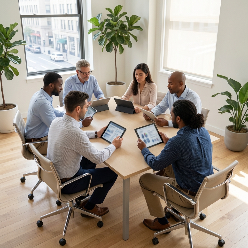 A diverse American clinic operations team reviewing patient workflow steps on tablets in a bright telemedicine office, no readable text, realistic professional setting