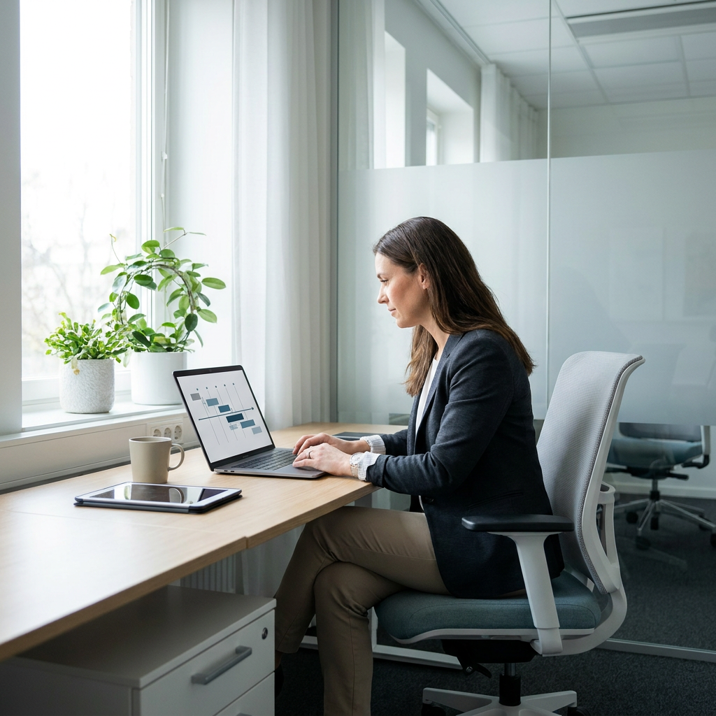 An American TRT clinic coordinator reviewing a clean patient workflow timeline on a laptop, abstract UI with no readable text, modern medical office, natural light, realistic remote care setting