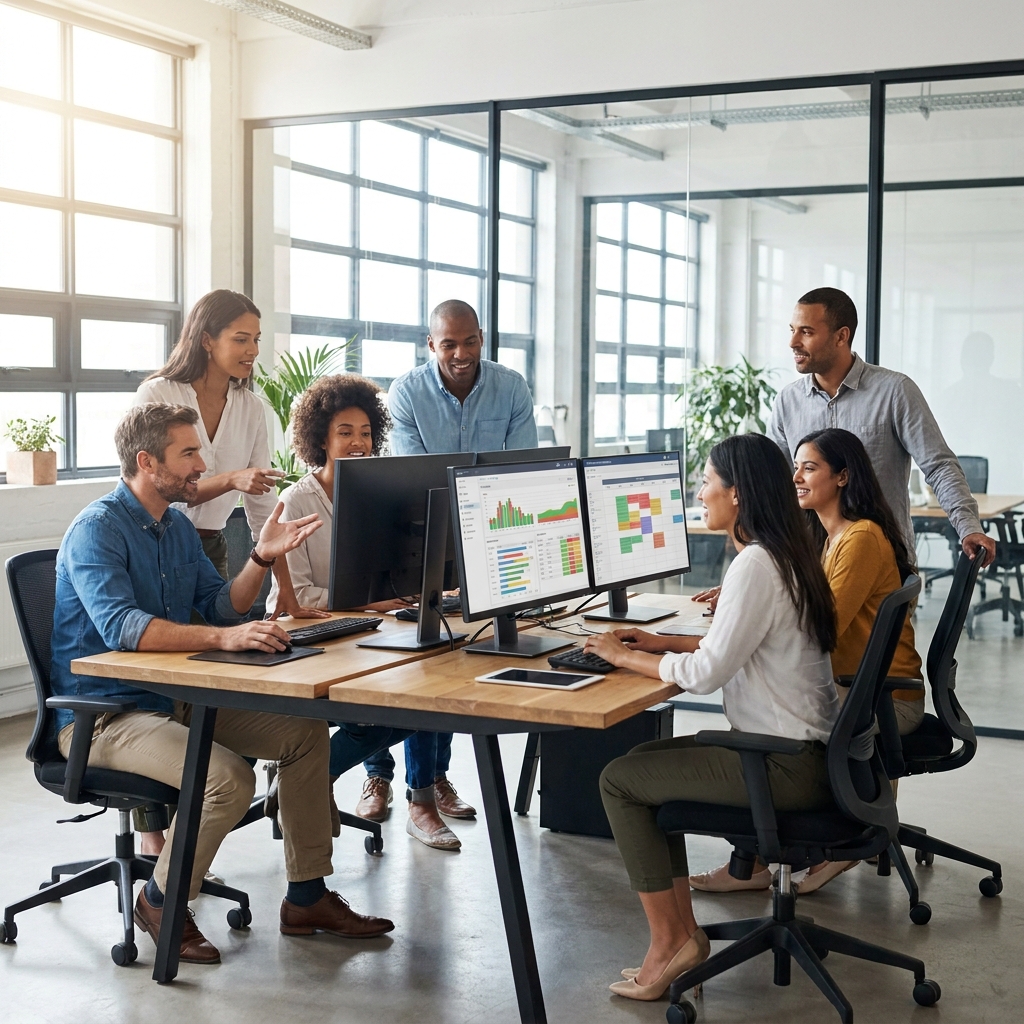 A diverse American telemedicine patient support team collaborating around a CRM workflow dashboard in a modern clinic office, natural expressions, realistic computer screens without readable text