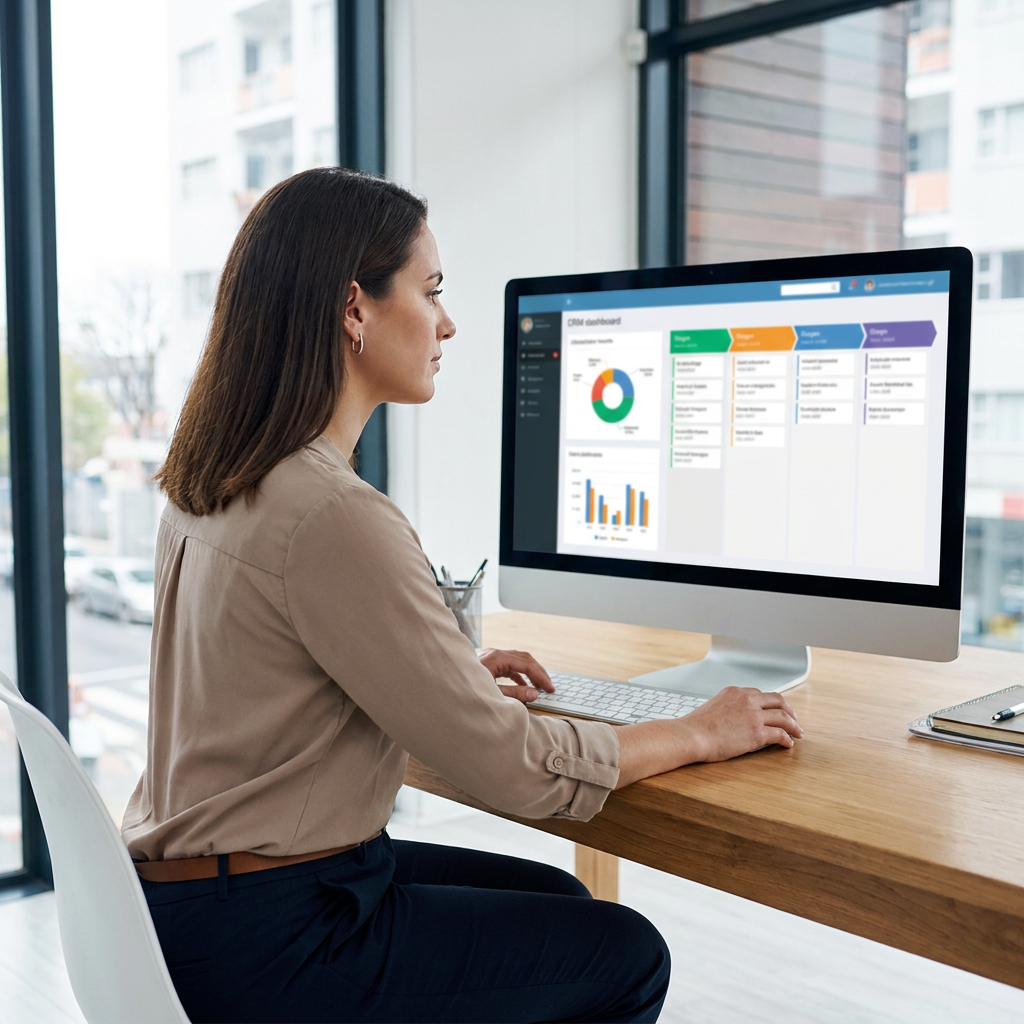 A TRT clinic operations manager reviewing a realistic CRM patient pipeline dashboard with distinct lead, consult booked, labs pending, active treatment, and retention stages, modern medical office, realistic interface layout without readable text, professional lighting