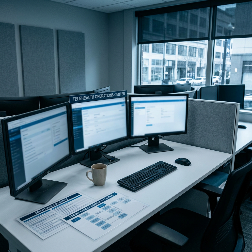 A modern telemedicine operations desk with compliance checklists, secure patient workflow diagrams, neutral office setting, realistic computer screens without readable text, clean professional lighting