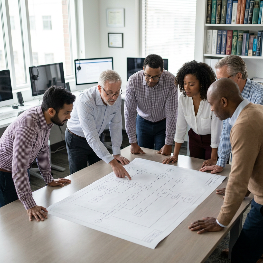 Healthcare compliance planning meeting with clinic operators reviewing a patient journey map, realistic telemedicine office, diverse American team, no visible logos or readable text