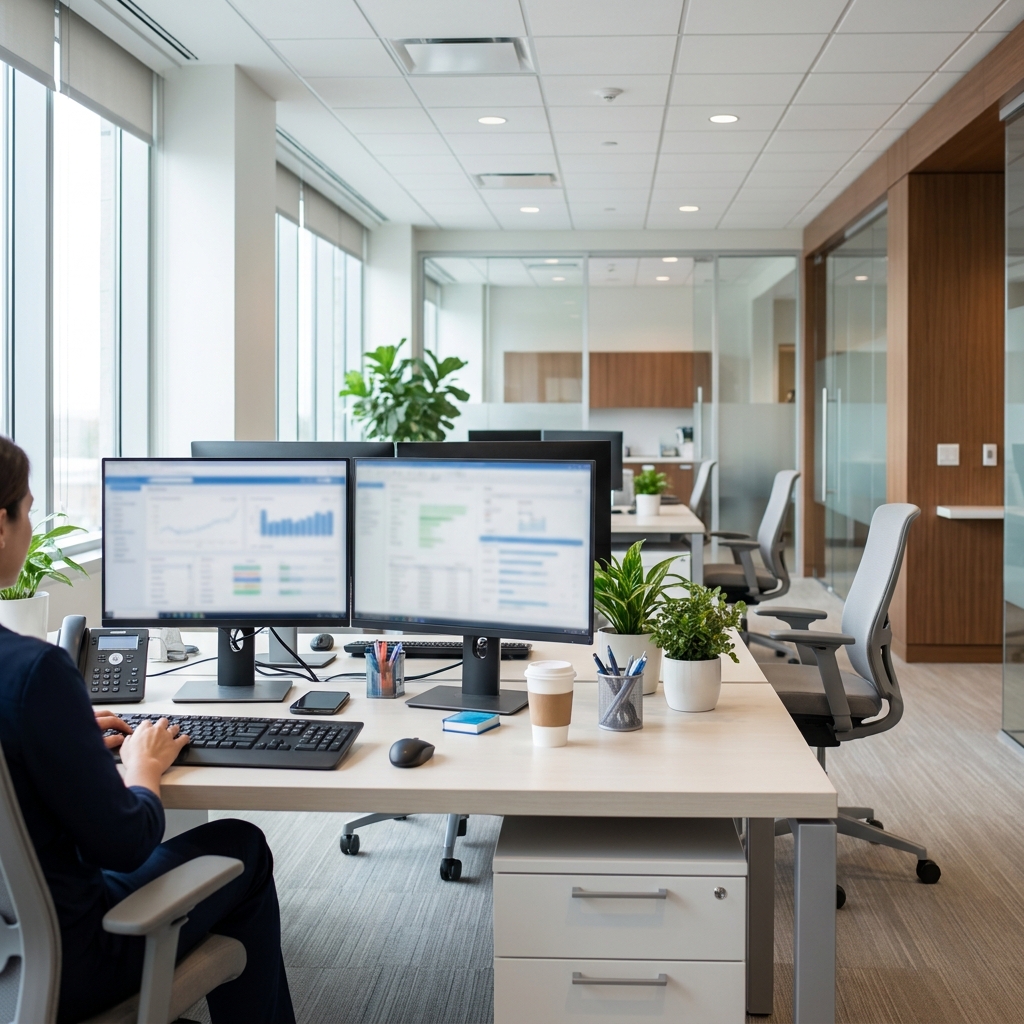 A realistic TRT clinic operations desk with a secure dashboard showing incoming lab results, task assignments, and patient follow-up status, modern medical office, natural lighting, no visible brand logos or readable text