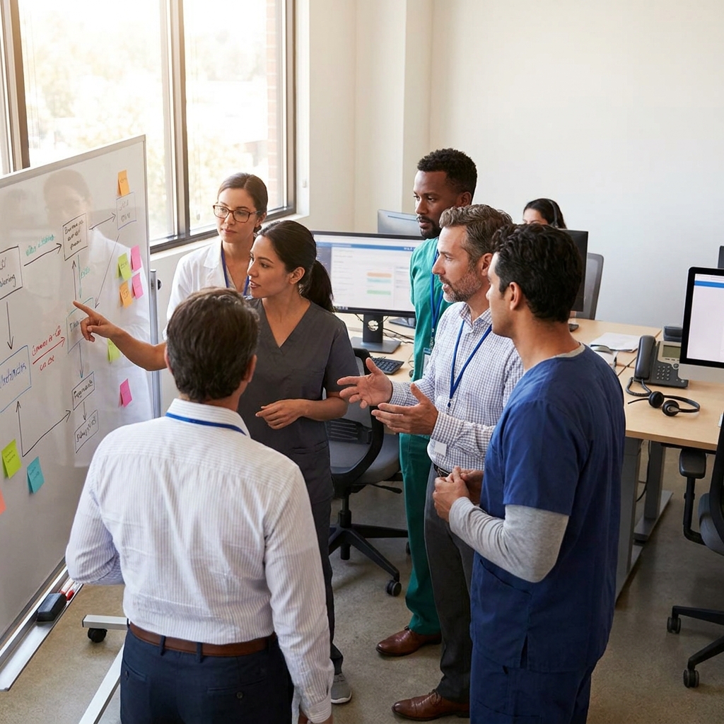 A diverse American medical operations team in a telemedicine clinic reviewing a patient workflow board together, discussing next steps after lab results arrive, realistic healthcare setting, warm daylight, no readable text