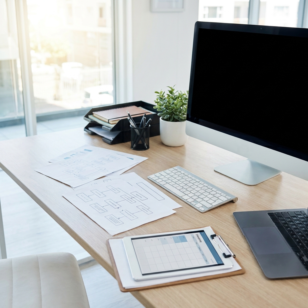 A realistic TRT clinic administrative workstation with payment workflow charts and scheduling context, no visible text, no people, clean desk, modern healthcare operations office, natural light