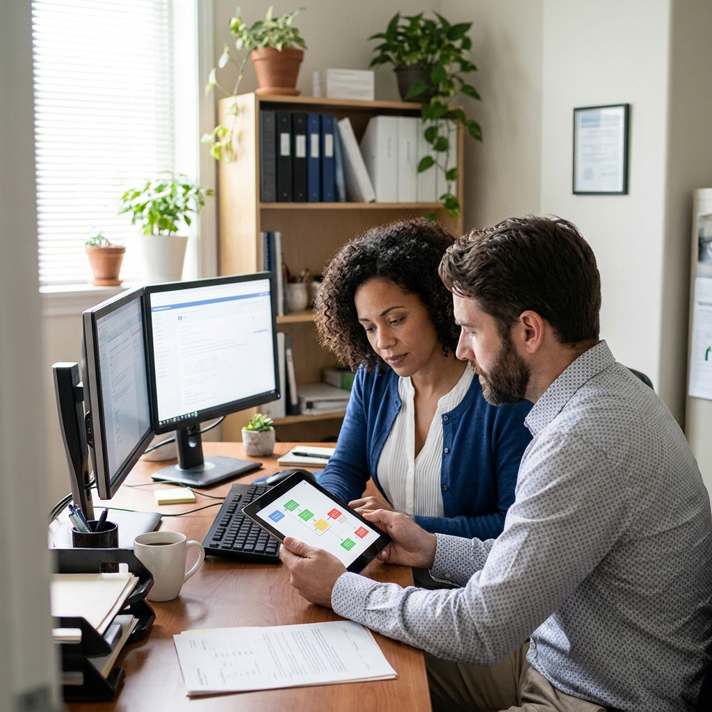 A private clinic back office with two administrators reviewing a payment workflow on a tablet, no visible text, realistic healthcare operations setting, diverse American staff, calm professional atmosphere