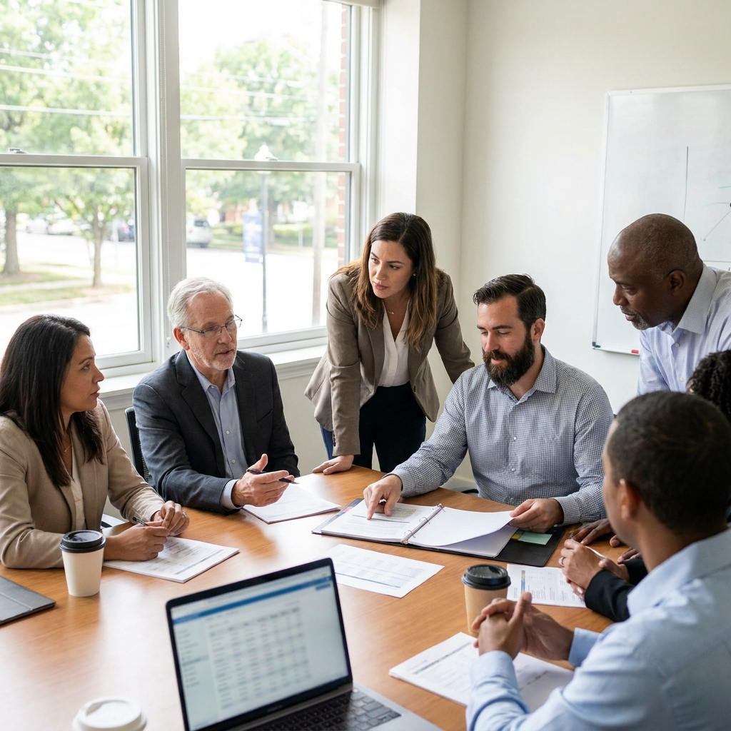 A diverse American TRT clinic leadership team reviewing patient acquisition reports together in a conference room, discussing response times and consult booking performance, realistic medical business setting, no visible presentation text
