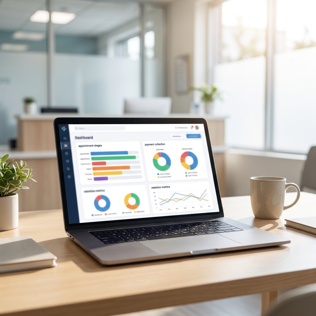 A clean TRT clinic operations dashboard on a laptop showing appointment stages, payment collection status, and retention metrics, no readable text, modern healthcare office lighting