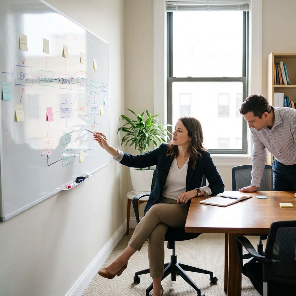 An operations manager at a healthcare clinic reviewing a patient journey workflow with connected stages from lead to consult to payment, calm professional setting, no visible logos or readable text