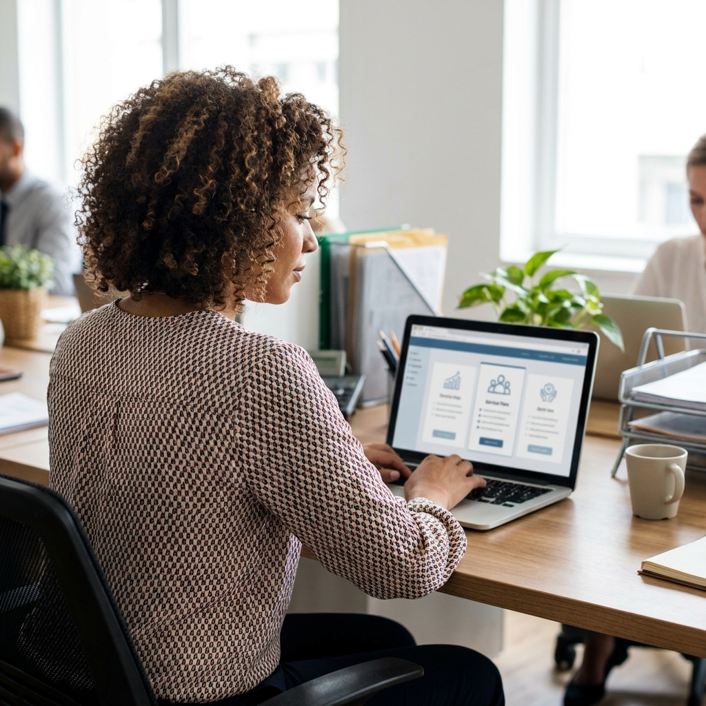 A clean telemedicine clinic website pricing page on a laptop screen, viewed by a diverse American clinic operations manager at a desk, realistic office lighting, no visible brand names or readable text