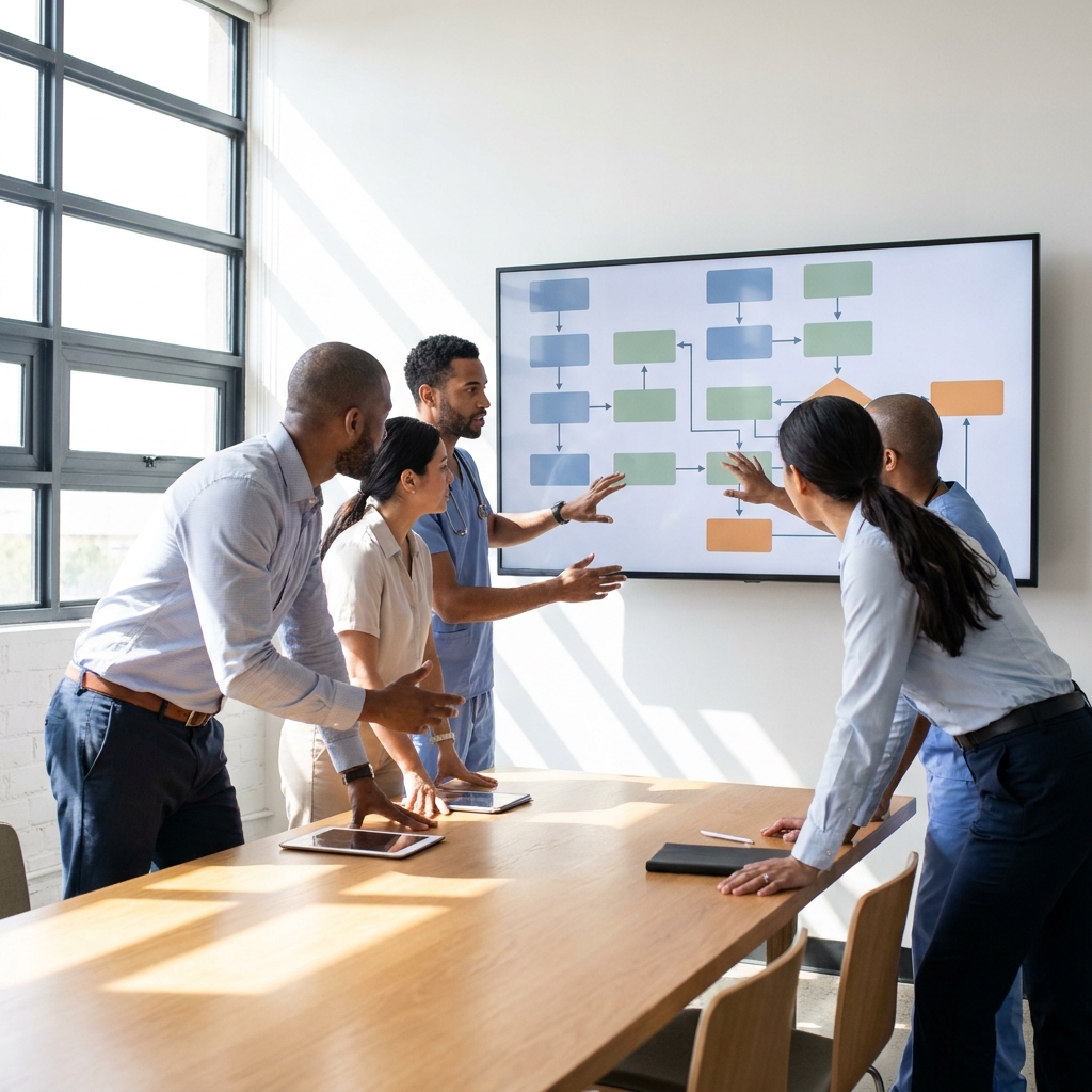 A healthcare operations team in a modern American telemedicine office reviewing a patient conversion workflow on a wall display, natural lighting, realistic posture, no readable text on screen