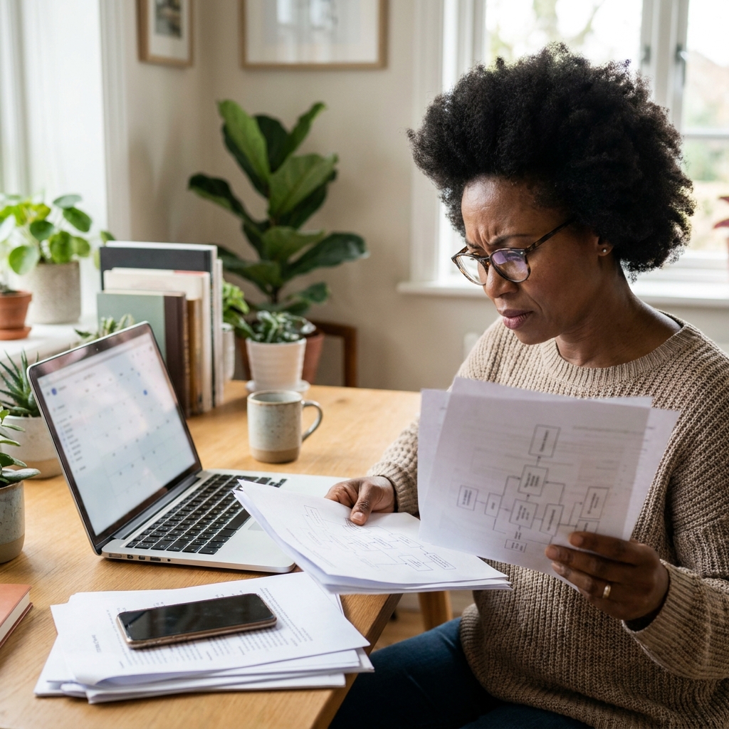 A diverse American adult reviewing telehealth consultation steps on printed notes beside a laptop and phone at home, realistic booking context, no visible brand names or readable text