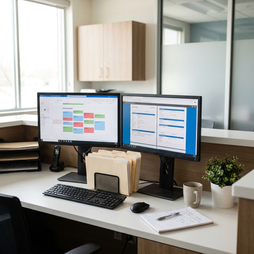A realistic TRT clinic scheduling workstation with appointment blocks, intake notes, and follow-up workflow context in a clean modern medical office, no readable text, natural lighting