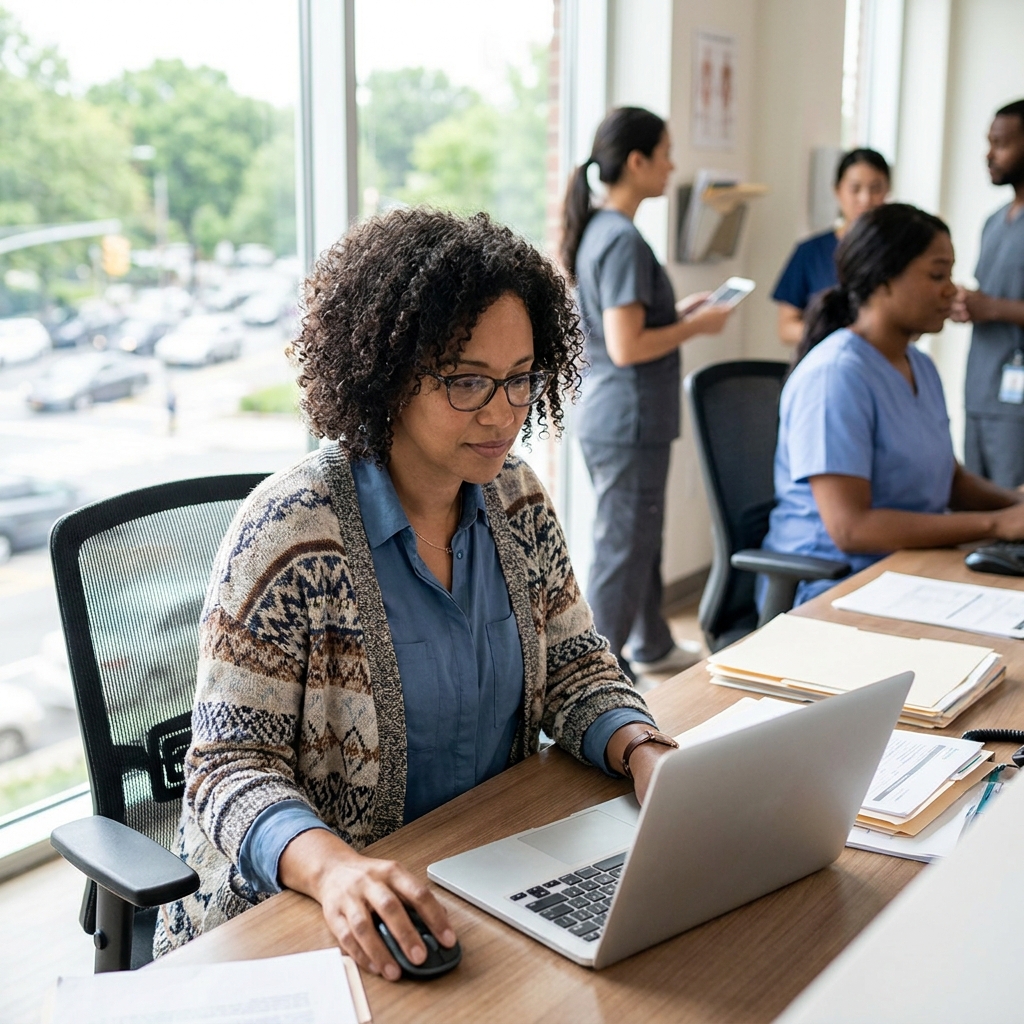 A diverse American clinic coordinator reviewing consult reminders and rescheduling workflows on a laptop in a bright healthcare office, realistic scene, no visible logos or readable text