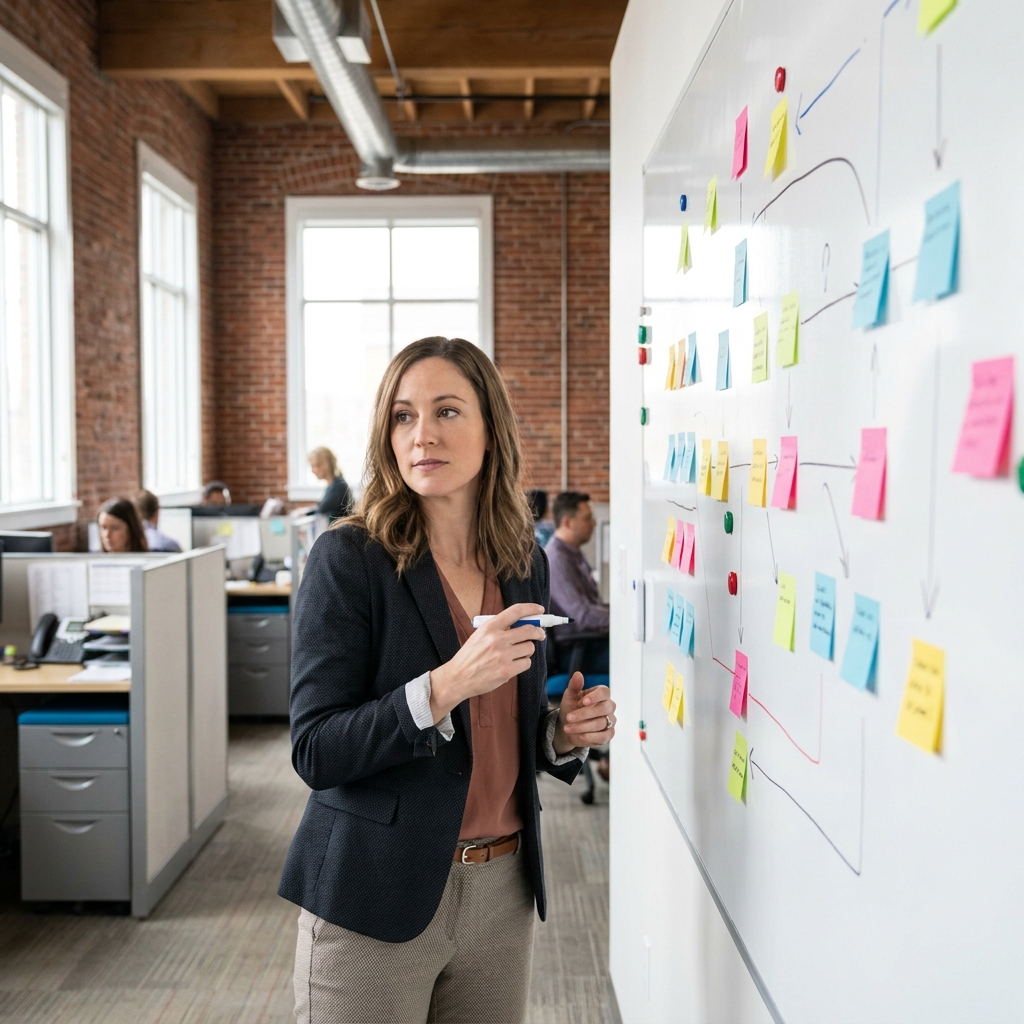 A healthcare operations manager mapping a patient scheduling and intake workflow on a wall board in a modern American clinic office, realistic posture, no readable text