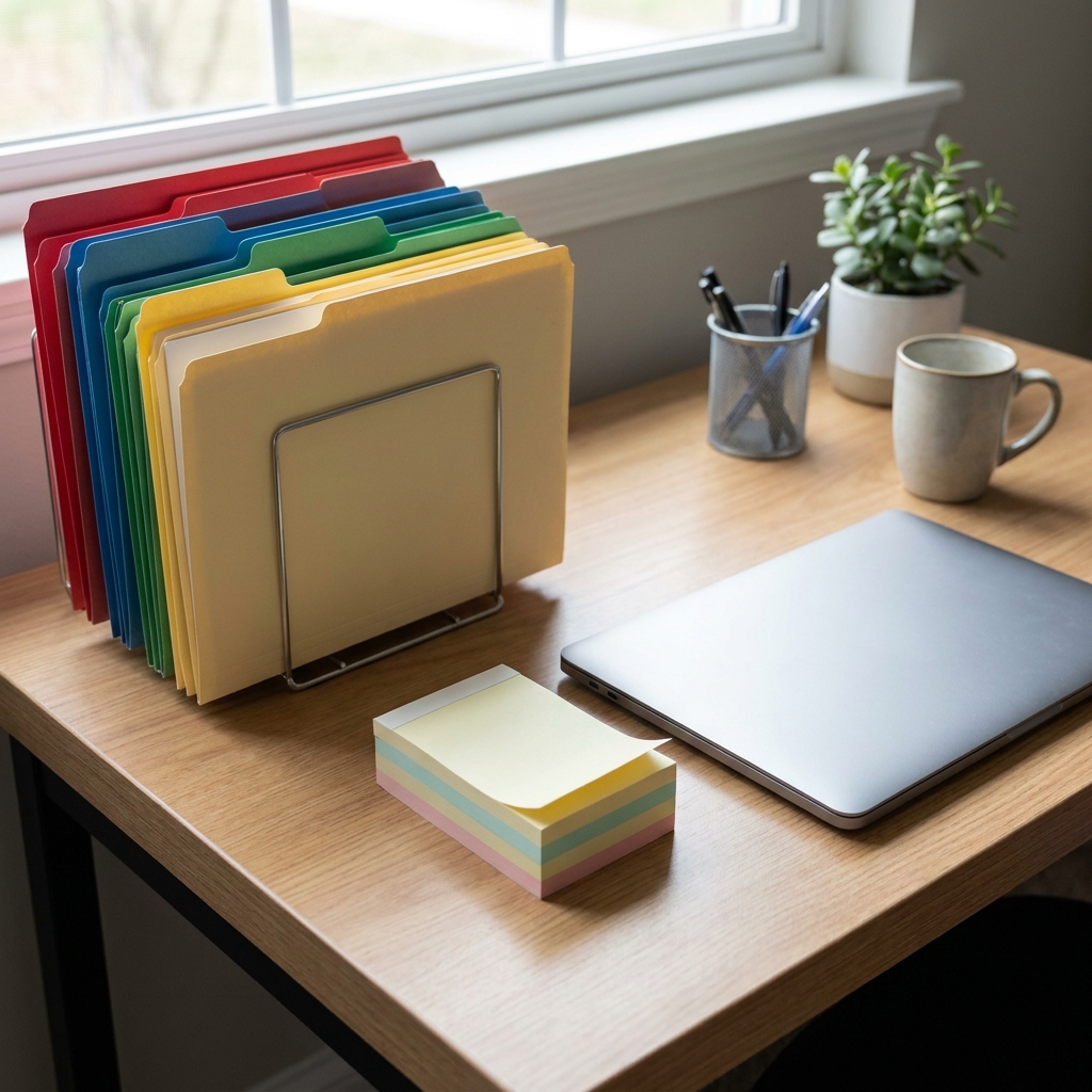 A close view of organized color-coded folders, blank sticky notes facing away from camera, and a closed laptop on a clinic coordinator desk, no visible text, no screens, realistic medical office workflow