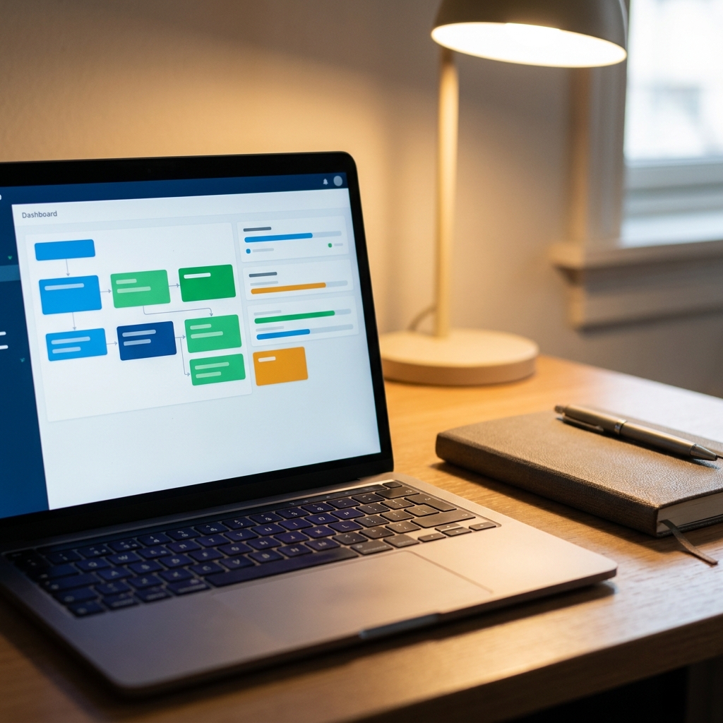Close-up of a modern clinic workflow dashboard on a laptop with abstract status cards and no readable text, notebook nearby, warm professional office lighting